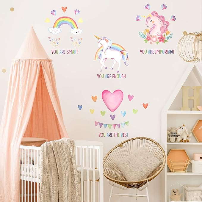 Epakh 9 Pieces Unicorn Wall Decals Stickers Unicorn Room Decor for Girls Bedroom Rainbow Posters Stickers Removable Inspirational Wall Decals for Little Girls Kids Birthday Party Baby Nursery