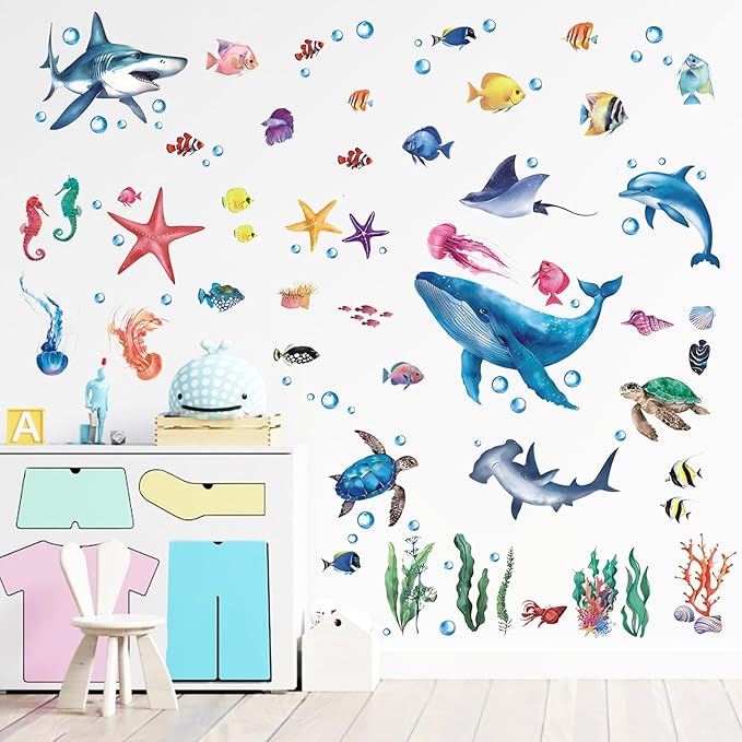 110 Pieces Under The Sea Wall Decals, Ocean Fish Jellyfish Starfish Coral Reef Seaweed Removable Stickers for Kids Baby Boys Bedroom Nursery Living Room, Sea Life Marine Animal Underwater Theme