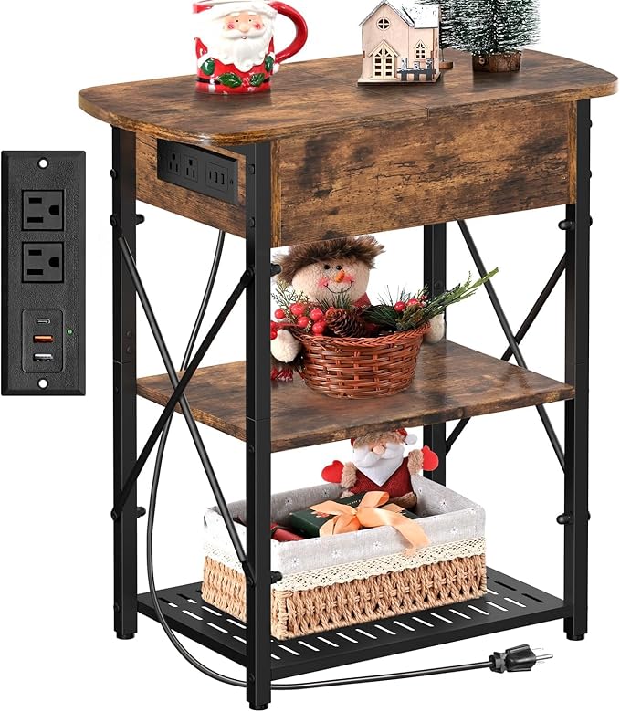 Livofloral Narrow End Table with Charging Station, Side Table with 3 USB Ports and 2 AC Outlets, Flip Top End Table with Storage, Nightstand with Drawer, Side Tables Living Room, Bedroom, Brown
