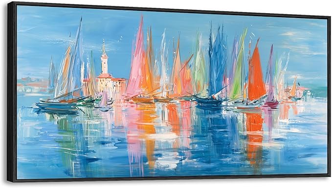 Large Framed Nautical Wall Art, Living Room Modern Coastal Wall Decor, Abstract Sailboats Seascape Paintings, Canvas Prints, Colorful Venice Coastal Scene Seaside Bedroom Bathroom Artwork, 16x30inch