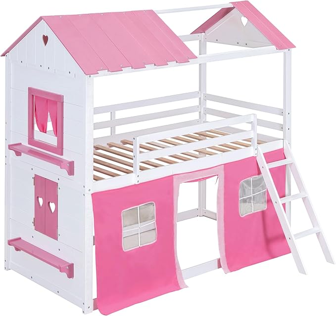 MERITLINE Full Over Full Princess Castle Bunk Bed with Tent,Ladders and Guardrail, Solid Wood Playhouse House Floor Bunk Bed with Windows and Roof (Full,Pink & White)