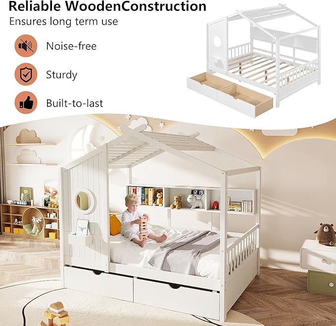 Aoowow Full Size House Bed with Storage Shelves and Drawers, Wood Platform Kids House Bed with Window and Roof for Bedroom, Full Playhouse Bed Frames for Boys Girls, Can be Decorated, White