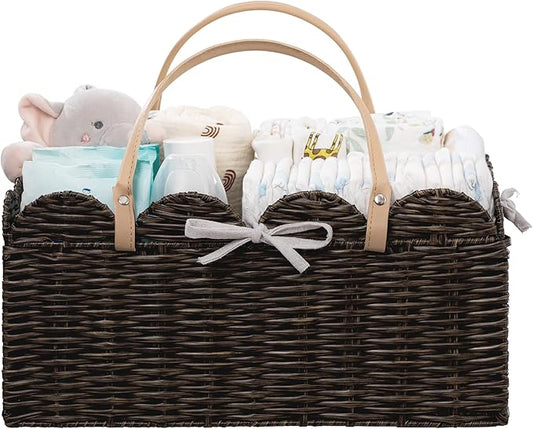 HBlife Baby Diaper Caddy Organizer, Washable Waterproof, Large Portable Scalloped Wicker Woven Basket with Divider, Nursery Diaper Station, Baby Shower Gifts Basket - Newborn Essentials, Car Organizer