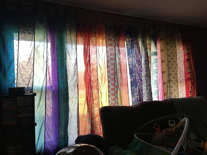 YILLE Boho Silk Sari Curtain Panel,1 Piece Vintage Handmade Lightweight Recycled Indian Silk Saree Window Drapes for Bohemian Living Room, Aesthetic Home Décor Wall Hanging - Beige, 84 X 43 in