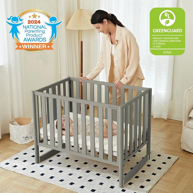 MAMAZING EvoNook 6-in-1 Convertible Mini Crib, 100% New Zealand Pinewood, 4 Adjustable Mattress Heights, Grey