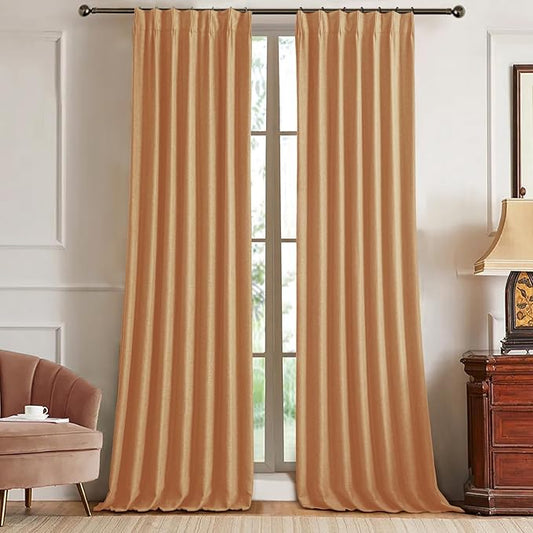 IVAPUPU Linen Pinch Pleated Full Blackout Curtains for Bedroom - 2 Pages Black Out Gold Curtains 108 Inch Long 2 Panel for Living Room Darkening Thermal Window Curtain Drapes with 16pc Hooks