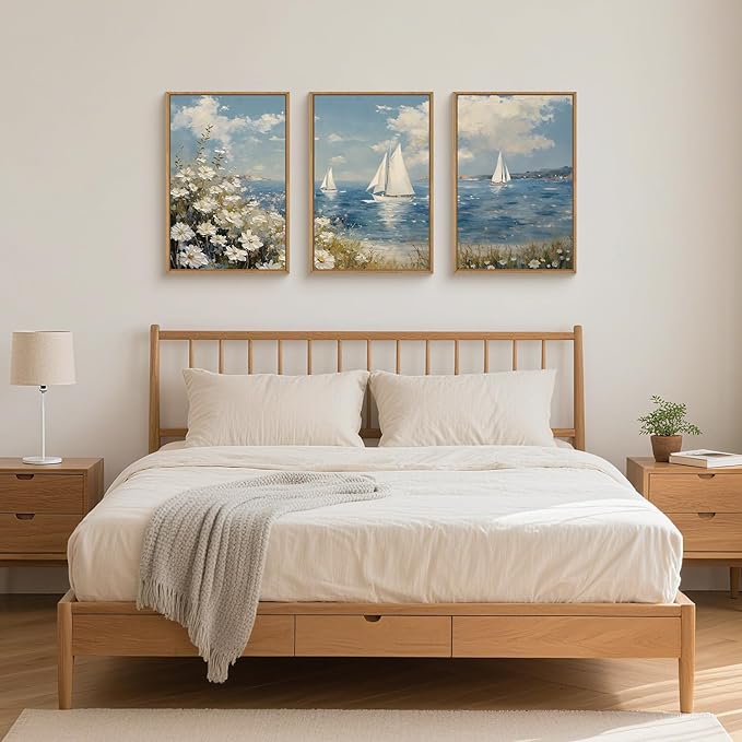 FWIEXA Coastal Wildflower Canvas Wall Art Framed, Ocean Sailboats Pictures Wall Decor, Beach Flower Seascape Painting, 3 Pieces 16x24In Nautical Blue Sky Artwork for Living Room, Bedroom, Bathroom, Rustic Farmhouse