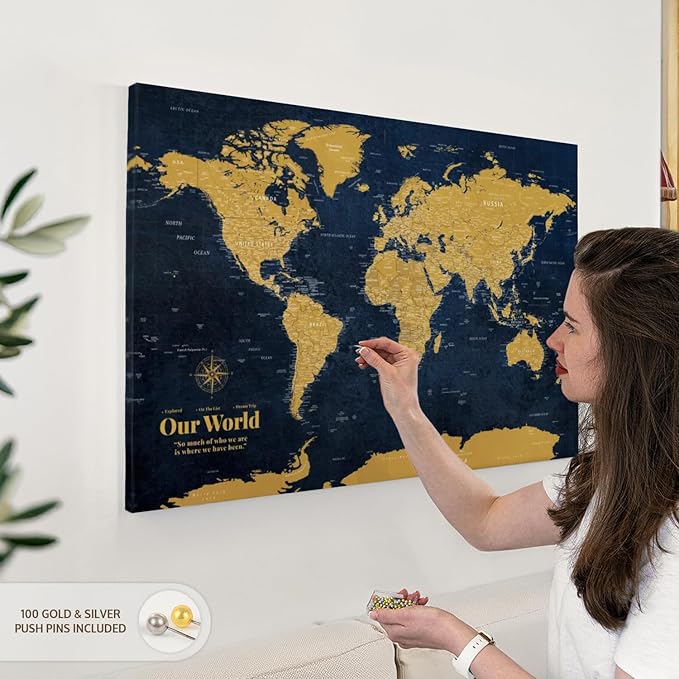 ElephantStock - Personalized Push Pin World Map - Gold Wall Art - Horizontal Canvas Wall Art - Living Room Wall Decor - Digital Art Map Canvas Art - Orange And Blue Decor - 36" x 24"