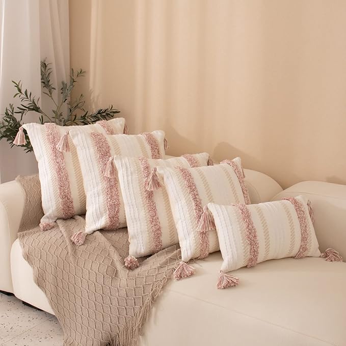 Boho Throw Pillow Covers 20 × 20 in Neutral Tufted Pink Square Decorative Case — Modern farmhouse accent pillow cover with tufting, tassels & textured weave perfect for couch, bed or living room décor