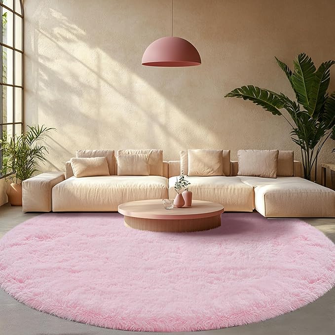 Pink Round Rug for Living Room: 6x6 Feet Shag Area Rugs for Living Room- Ultra Soft Fluffy Furry Girls Bedroom Carpet- Plush Rugs for Girls & Kids Room, Home Decor (6ft, Pink)