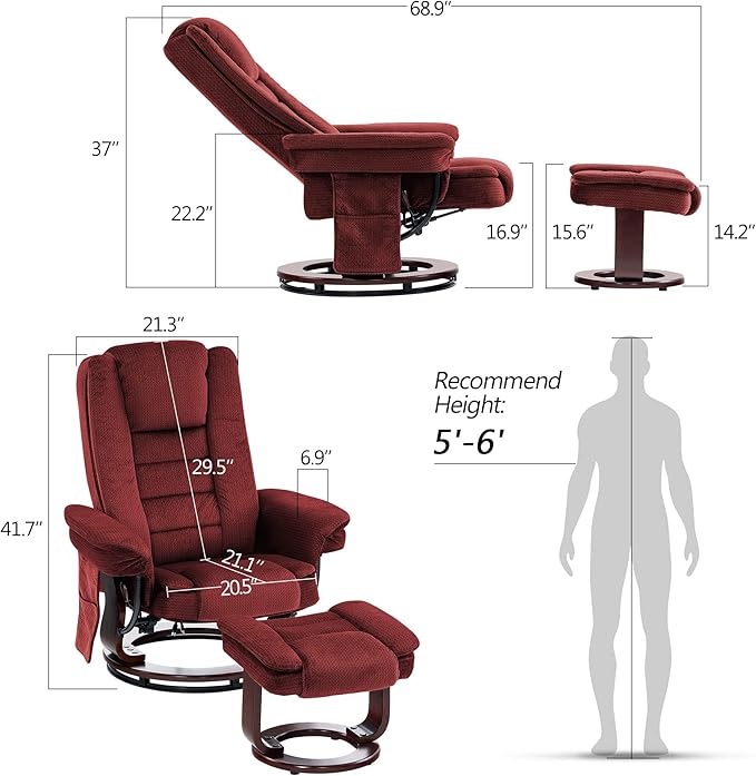MCombo Swivel Recliner with Ottoman Chair, TV Chair Sets with Vibration Massage, for Small Space Living Room Bedroom 9096 9099 (Textile, Burgundy)