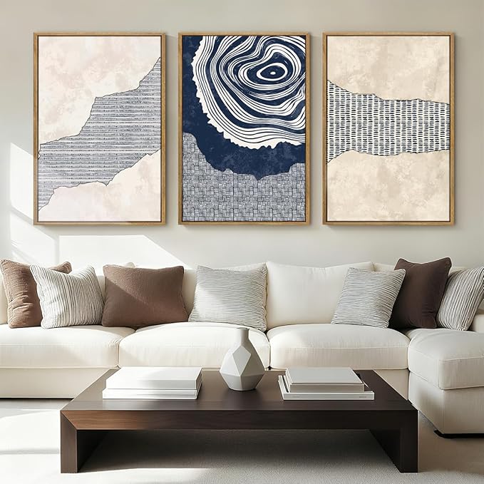 Anyzal Large Navy Blue Tree Rings Wall Art Framed Modern Abstract Neutral Paintings Artwork for Living Room Bedroom Office 16x24 Inch Set of 3