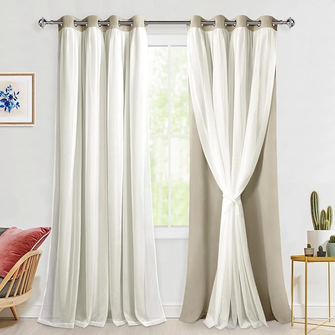 Hiasan Blackout Curtains with White Sheer Overlay, Double Layer Mix & Match Thermal Insulated Room Darkening Curtains for Girls Bedroom, Living Room, 2 Window Panels with Tiebacks, Taupe, 52W X 96L