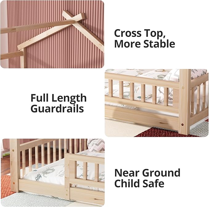 LLS Full Size House Bed with Fence, Wooden Montessori Bed with Slats Support, Floor Bed Frame for Boys Girls Bedroom, Natural