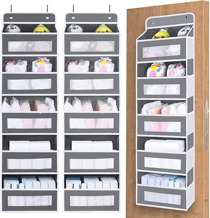 2 Pack Over The Door Organizer Storage, 5 Shelf Hanging Door Organizer with 10 Large Capacity Pockets, Anti Tilt 44 lb Load Behind Door Storage for Bedroom, Bathroom, Pantry, Nursery, (Grey)