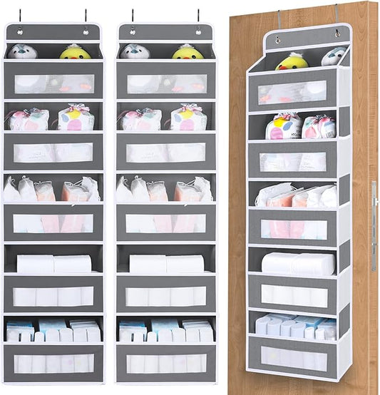 2 Pack Over The Door Organizer Storage, 5 Shelf Hanging Door Organizer with 10 Large Capacity Pockets, Anti Tilt 44 lb Load Behind Door Storage for Bedroom, Bathroom, Pantry, Nursery, (Grey)