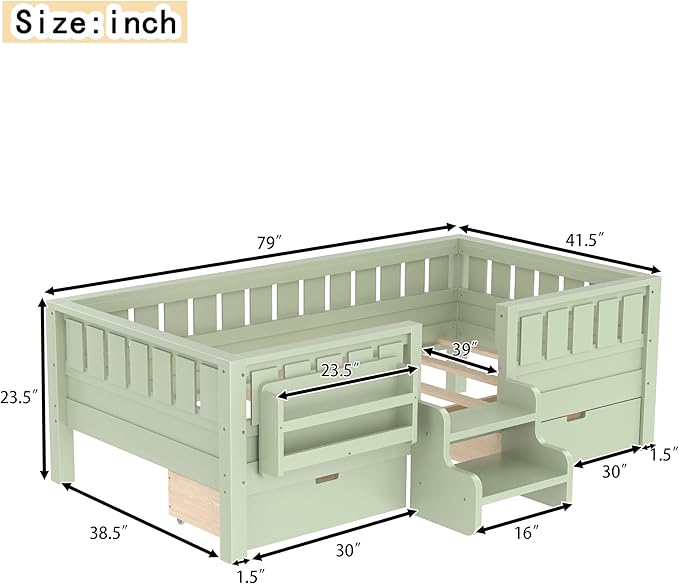 Bellemave Twin Size Kids Bed with high Rails and with Built-in Bookshelf and Drawers for Kids, Girls, Boys, Wood Montessori Bed Without Door, Avocado Green