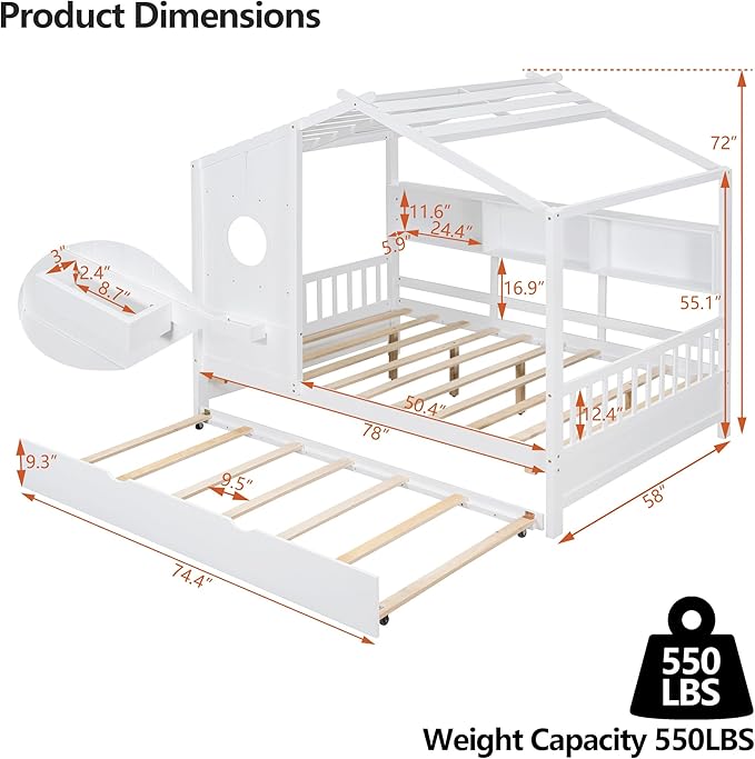 Harper & Bright Designs Kids Full Size House Bed with Trundle & Storage Shelf, Wood Full Size Platform Bed Frame with Roof, House Bed for Boys, Girls, White