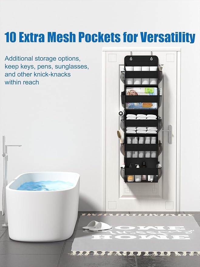 Over The Door Storage Organizer, RV Bathroom Organizer, Over The Door Organizer Camper Storage and Organization, 5 Shelf Hanging Over Door Organizer for Camper, Bathroom, Bedroom, Closet-Black