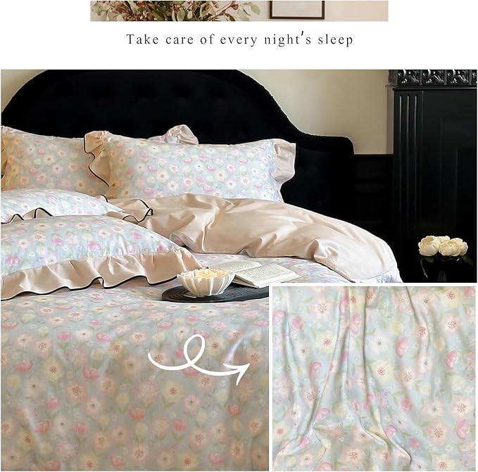 HighBuy Cottagecore Floral Ruffle Duvet Cover Queen for Teen Girls,Coquette Bedding Ruffle Duvet Cover Set Shabby Chic Brushed Cotton Bedding Set Breathable Durable Luxury with Zipper