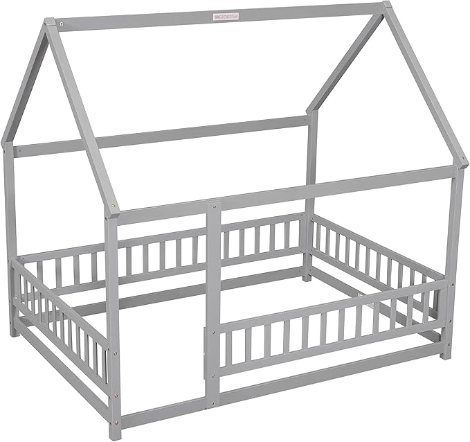 Bellemave Full Size House Bed Frame for Kids,Full Floor Bed,Wooden Montessori Floor Bed with Fence and Roof,Full Kids Bed Frame for Girls,Boys,Gray