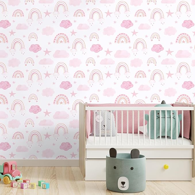 CHIHUT Watercolor Pink Rainbow Peel and Stick Wallpaper Boho Cute Rainbow Contact Paper for Cabinets Walls 17.7”x100” Kids Self Adhesive Removable Wallpaper Mural for Nursery Classroom Playroom