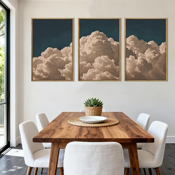 IARTTOP Extra Large Navy Blue Cloud Wall Art 24x36 Inch Framed Abstract Modern Landscape Canvas Wall Decor Minimalist Sky Painting Set of 3 for Bedroom Living room Office