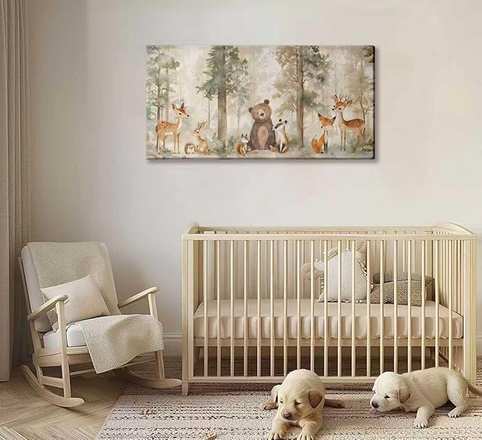 Woodland Animal Nursery Canvas Wall Art Wild Animals Forest Paintings Pictures Wall Decor Fox Bear Deer Watercolor Poster Print Artwork for Boys Room Girls Room Home Decoration （Framed）