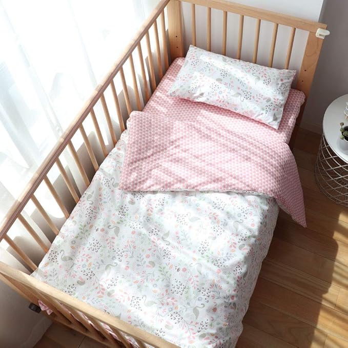 100% Cotton Crib Bedding Set for Baby Boys Girls,3 Pcs Baby Bed Linen Include Duvet Cover,Fitted Sheet,Pillowcase,Nursery Decoration,No Filler(Pink)