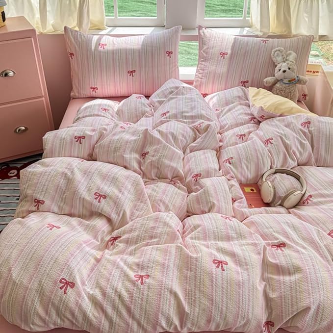 Striped Duvet Cover Queen Size Pink Bow Bedding Set Kids Boys Girls Princess Style Bowknot Coquette Reversible Soft Microfiber Duvet Cover Set 3 Pieces with 2 Pillowcases