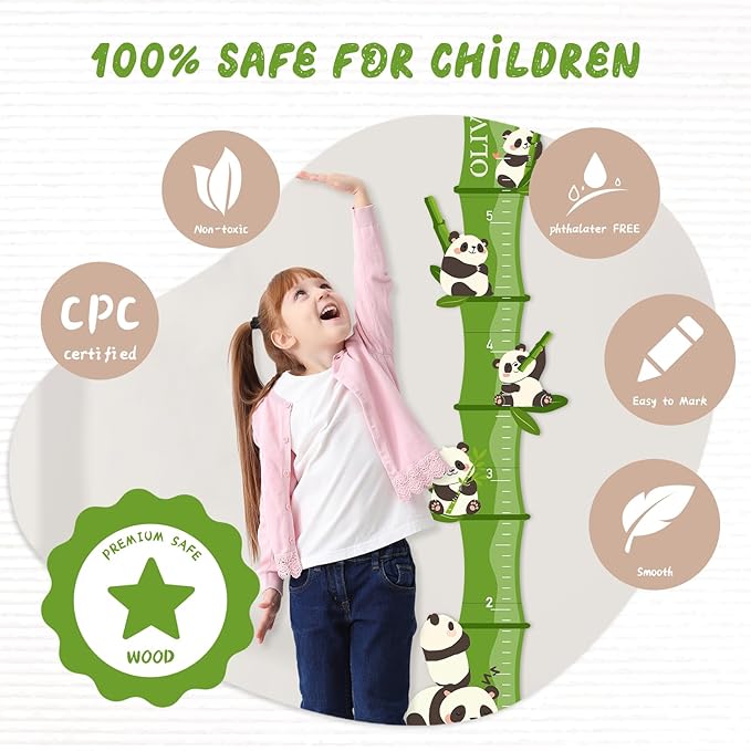 Personalized Bamboo Panda Wooden Height Chart for Kids – Custom Name Growth Chart for Baby Boy Girl, Height Measurement Ruler for Nursery or Playroom Decor