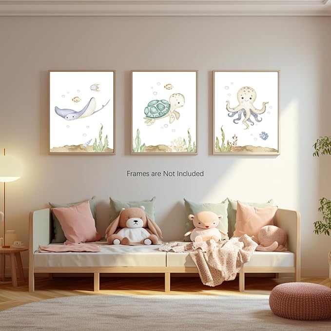 Wodkwq Ocean Nursery Decor,Nursery Wall Decor,Kids Bathroom Decor,Under The Sea,Boys Room Sea Animal Wall Art Picture Canvas Prints Set of 3,Bedroom 16x24 Inch Framed