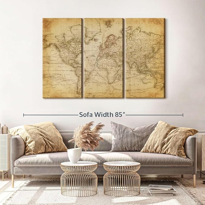 ElephantStock Old Century World Map Wall Art Multi Piece Canvas - 3 Piece Canvas World Map Wall Decor - Decor Ready-to-Hang Print - Vintage Wall Art - 65" X 42"