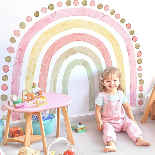 Large Pink Rainbow Wall Decals, Boho Dots Peel and Stick Fabric Nursery Wall Decor, Removable Home Room Wall Decor Murals Stickers for Kids Girls Toddler Bedroom Living Room Playroom