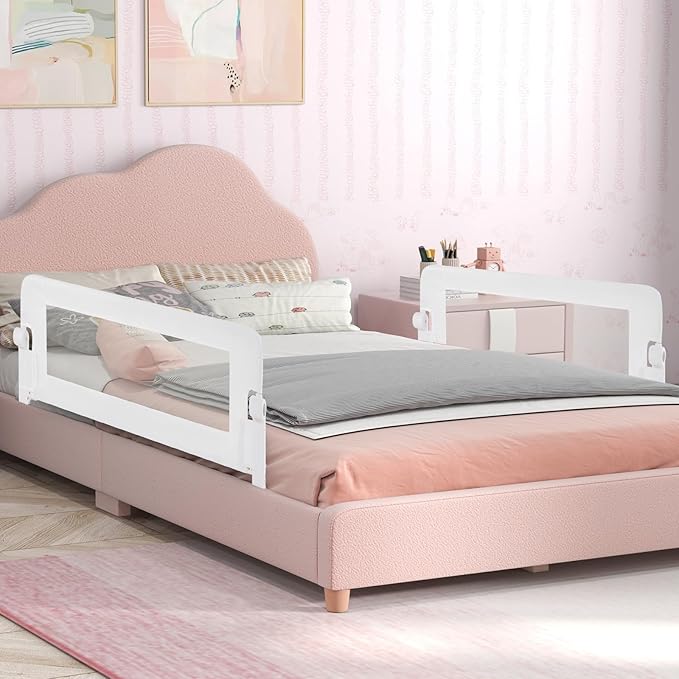BABY JOY Double Sided Bed Rail Guard, 2 Pack, Extra Long, Swing Down for Convertible Crib, Folding Baby Safety Bedrail for Kids Twin Full Size Queen King Mattress, Rails for Toddlers (White, 48")