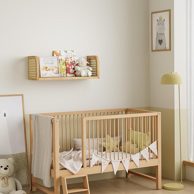 Rattan Wall Shelf, Hanging Book Shelves for Wall, Decorative Shelves for Natural Nursery Decor, Picture Ledge Shelves, Floating Rattan Shelf for Office, Bedroom, Bathroom