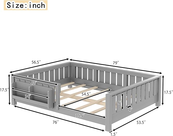 Bellemave Full Size Floor Bed with Slats and Safety Guardrail, Full Size Montessori Floor Bed with Fence and Built-in Bookshelf, Easy Assemble Montessori Beds for Kids, Girls, Boys, Gray
