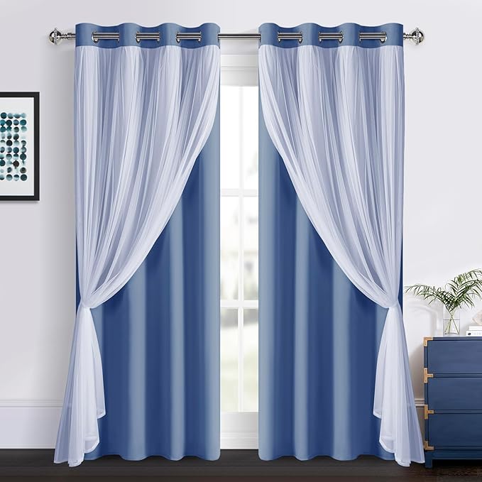 DWCN Blackout Curtains with Sheer Overlay Layered Curtains for Bedroom/Living/Dining Room Grommet Top Window Treatments with Tiebacks, 52 W by 84 L, Hazy Blue, 2 Pieces