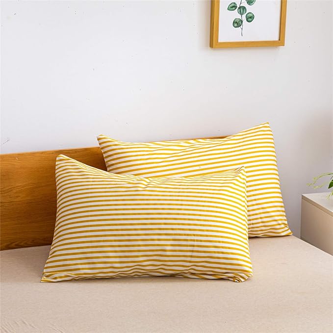 JELLYMONI 100% Natural Cotton 2pcs Striped Duvet Cover Sets, White Duvet Cover with Yellow Stripes Pattern Printed Comforter Cover with Zipper Closure & Corner Ties(Twin Size)