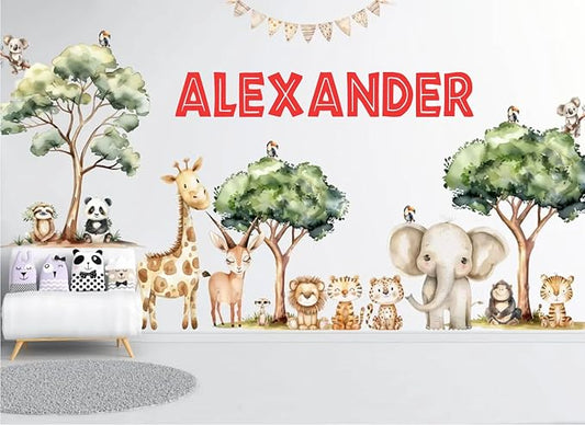 Personalized Safari Name Wall Decal for Kids Room – Custom Woodland Animal Nursery Wall Stickers – Jungle Themed Vinyl Wall Art – Giraffe Elephant Lion Baby Room Decor – Boys Girls Bedroom Mural