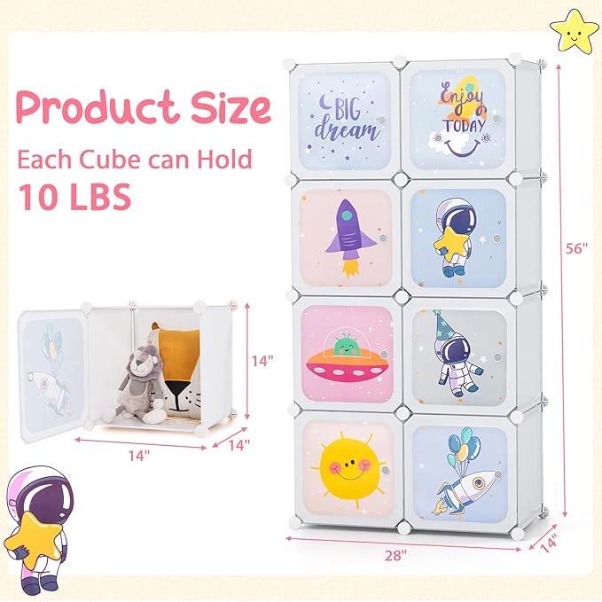 INFANS Children Wardrobe, Kid Closet Portable Baby Dresser Cute for Kids Bedroom Nursery Armoire with Doors 12 Cube 2 Hanging Sections, Kid Clothes Storage Organizer (White, 8 Cubes)