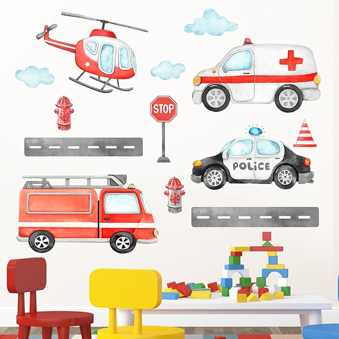 Mfault Vehicles Transportation Wall Decals Stickers, Helicopter Ambulance Fire Truck Police Car Nursery Decorations Boys Bedroom Art, Stop Roadblock Hydrant Cloud Toddlers Kids Room Playroom Decor