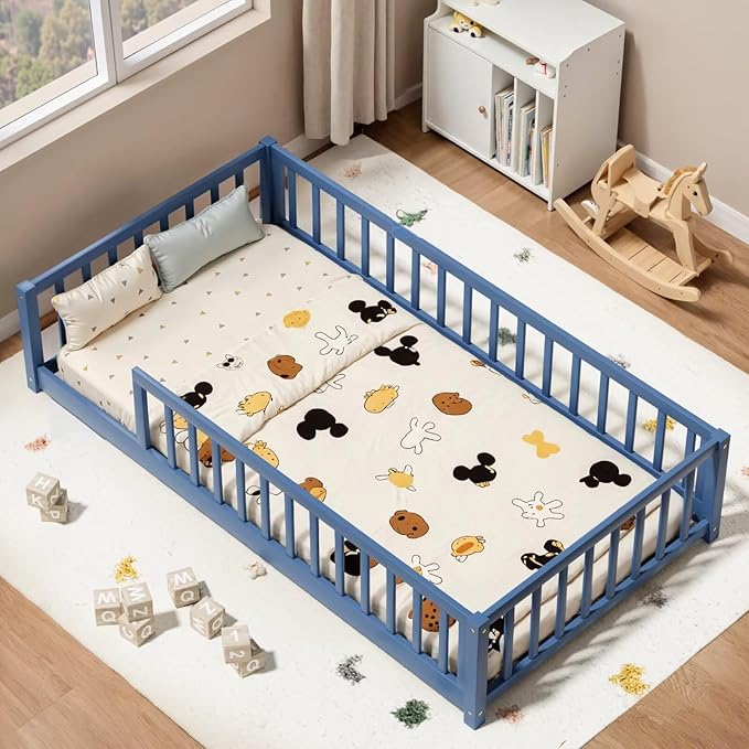 LLS Twin Floor Bed for Kids Toddlers, Solid Wood Multifunctional Montessori Bed Frame with Safety Guardrails, Without Door, Easy Assemble, Mist Blue