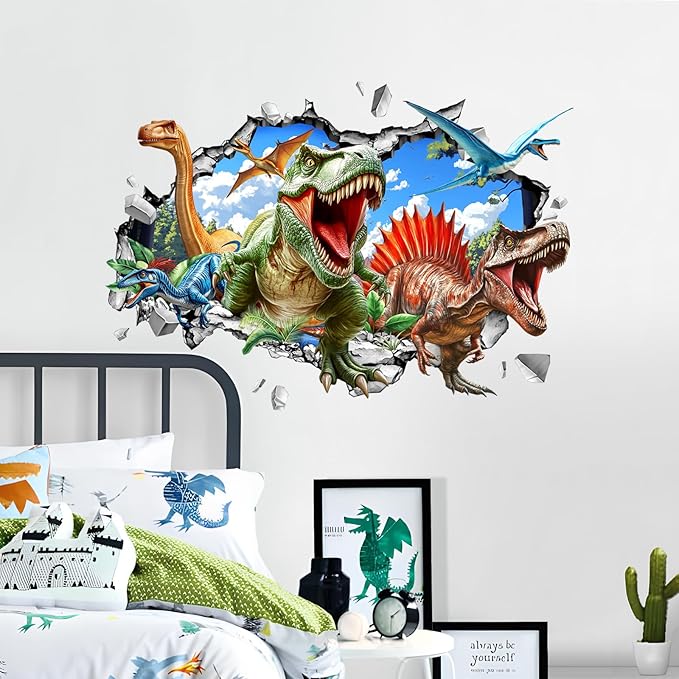 3D Dinosaur Wall Decals, Break Through Dinosaur Park Wall Stickers Peel and Stick Decal Self Adhesive Sticker for Boys Kids Room Home Decor