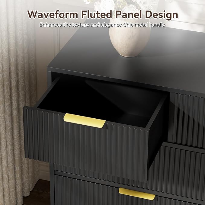 LYNSOM Fluted Dresser for Bedroom, Black 7 Drawer Dresser with Gold Handles and Wide Drawers, Wood Chest of Drawers for Bedroom, Hallway