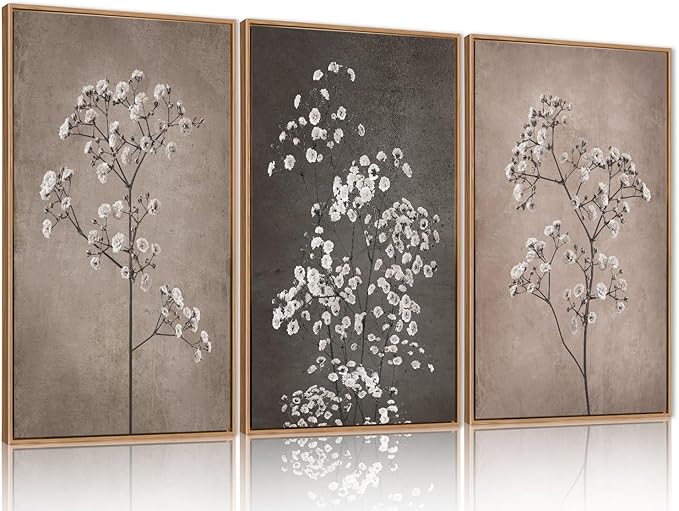 FWIEXA 3 Piece Neutral Canvas Wall Art for Bedroom Living Room, Framed 16x24 Inches Botanical Prints Set, Minimalist Wildflower Wall Decor, Large Modern Plant Painting