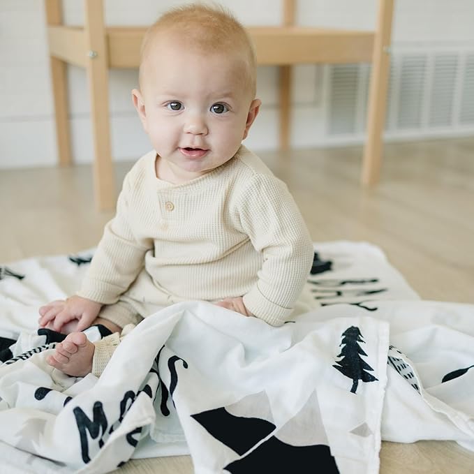 Pondering Pine Organic Baby Monthly Milestone Blanket Boy - Baby Bear Blanket with Month Marker Frame and Newborn Announcement Disc - 1-12 Months Milestones, Woodland, 47”x47”