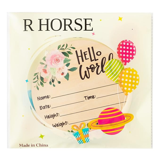 R HORSE Baby Birth Announcement Sign with Marker Pen, Pink Floral Baby Name Sign with Ink Pad for Hand and Footprints, Wooden Hello World Newborn Announcement Nursery Decor Keepsake Gifts
