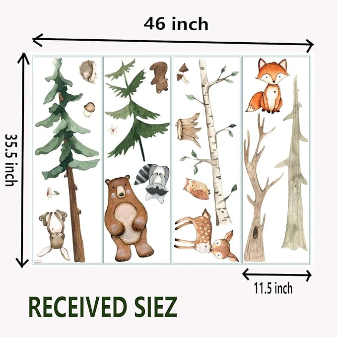 Large Woodland Animals Nursery Wall Decals,Watercolor Forest Tree Fox Deer Bear Wall Stickers,Peel and Stick Jungle Bedroom Room Decor for Nursery Baby Kids Boys