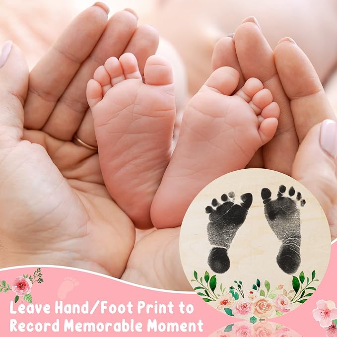 R HORSE Baby Birth Announcement Sign with Marker Pen, Pink Floral Baby Name Sign with Ink Pad for Hand and Footprints, Wooden Hello World Newborn Announcement Nursery Decor Keepsake Gifts